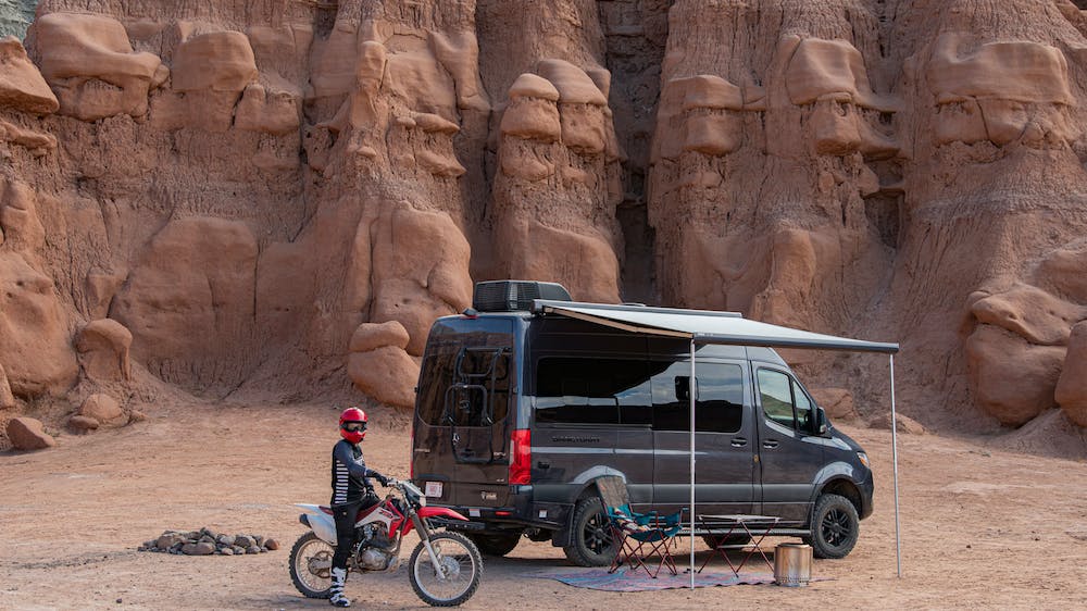 2022 Thor Sanctuary Sprinter Van Lifestyle Kalen Thorien corporate photo shoot kalen on motorcycle in utah 