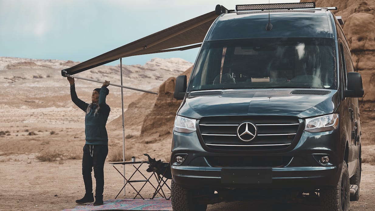 2021 Sanctuary Mercedes Sprinter Van Sprinter RV lifestyle kalen thorien shoot in utah awning assembly 