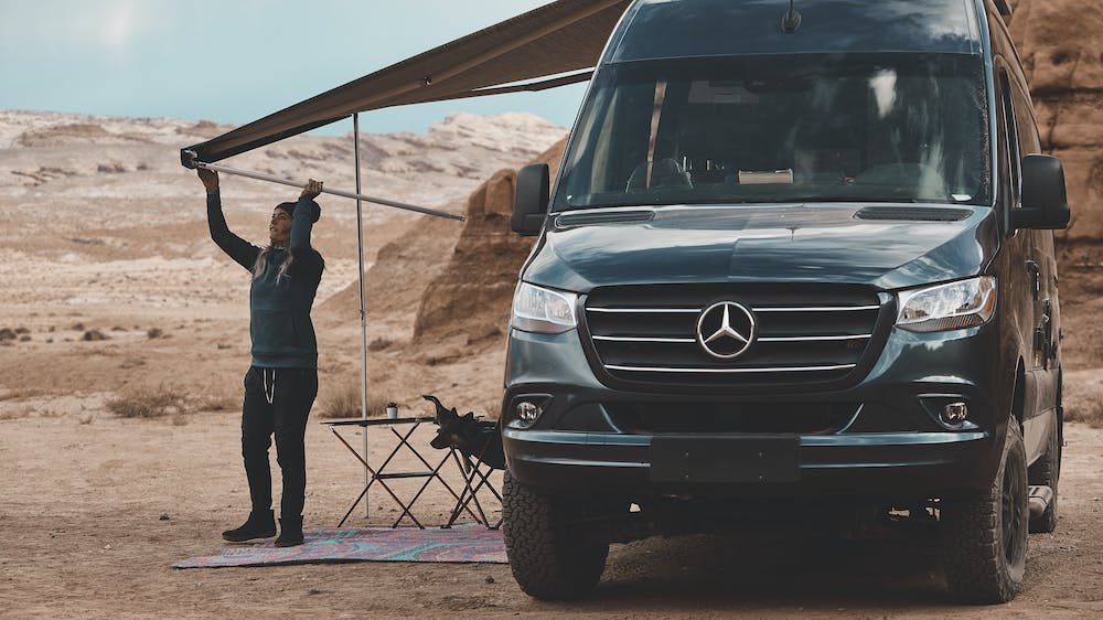 2021 Sanctuary Mercedes Sprinter Van Sprinter RV lifestyle kalen thorien shoot in utah awning assembly 