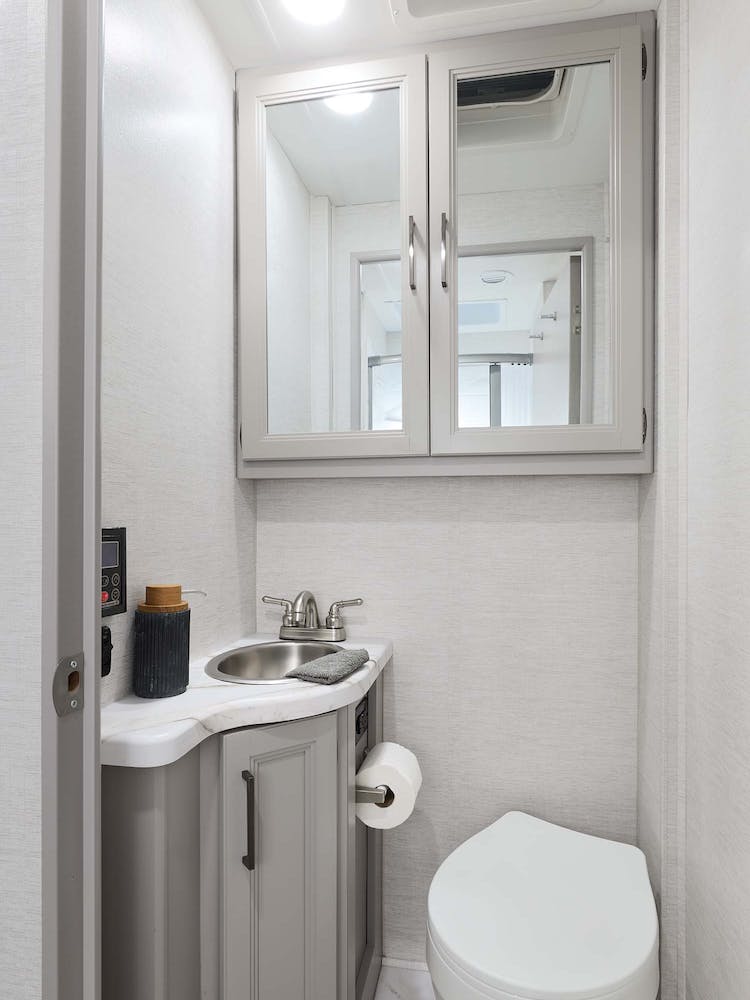 2024 Chateau Sprinter 24LV Aspen Gray with Coastline Grey bathroom