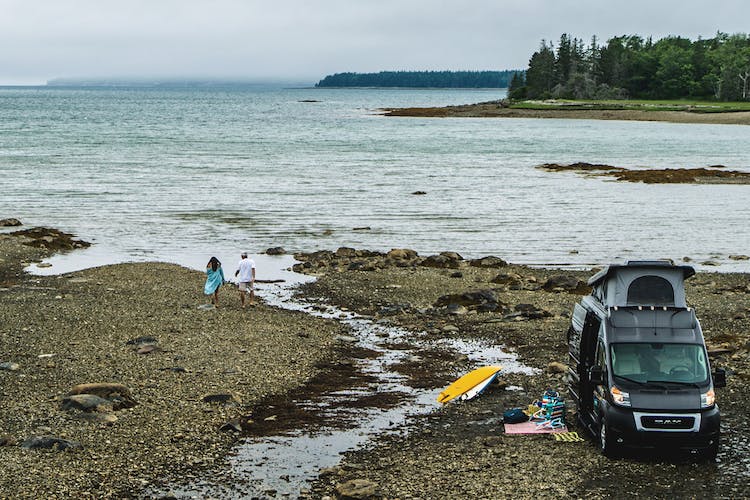 2022 Thor Scope Class B RV Camper Van Lifestyle Maine Corporate photo shoot at campsite drone shot slider size